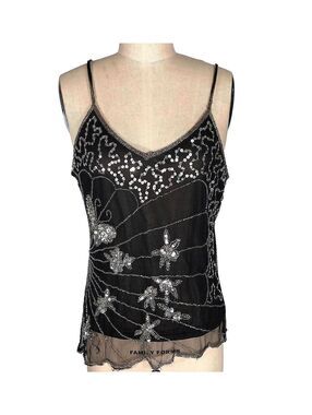 Vintage Y2K Wildcat Sequin Beaded Mesh Camisole Tank Top Black Silver Womens 1XL